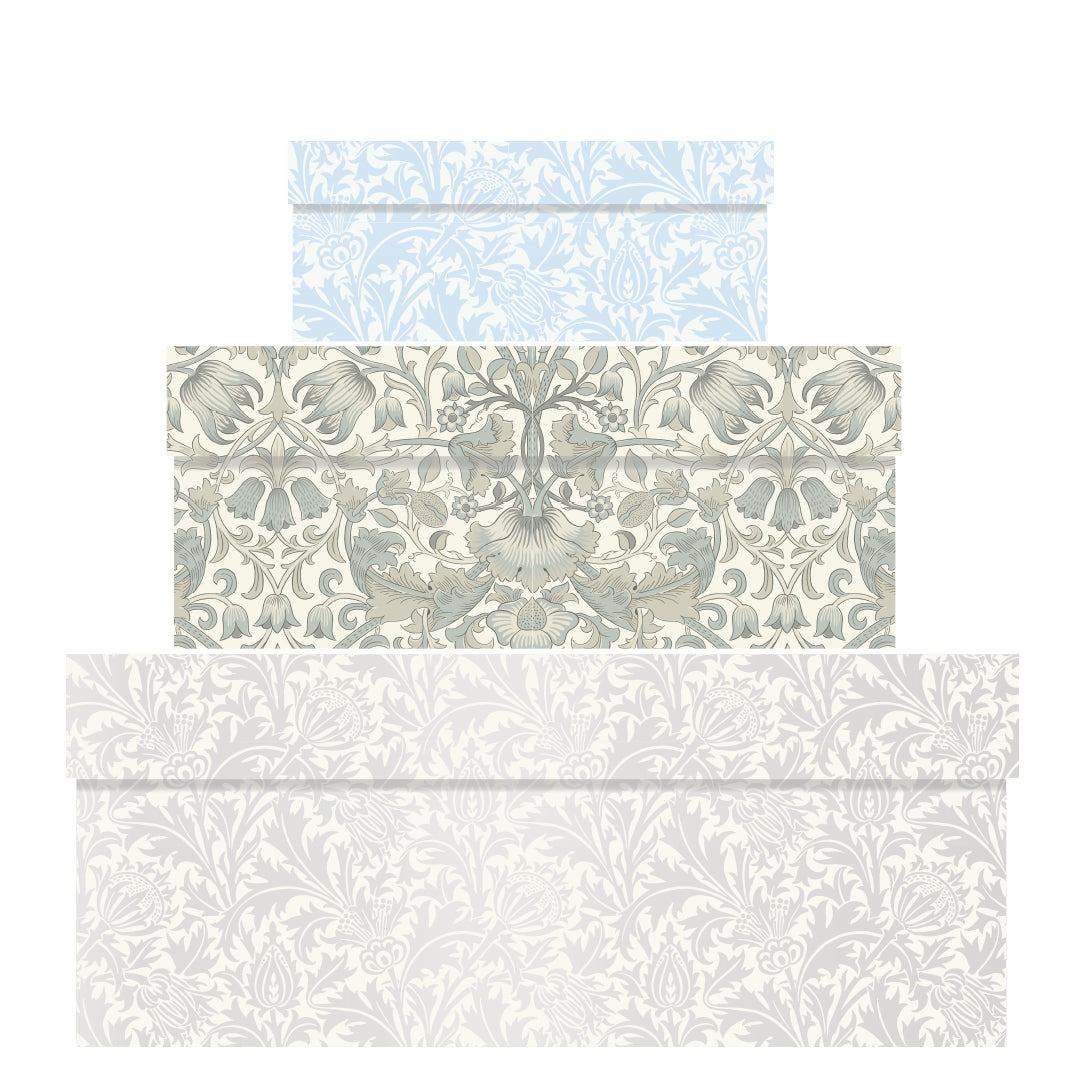 Morris and Co William Morris Thistle Pure Nest of 3 Boxes Size: small 165 x 50 x 110mm Medium: 230 x 90 x 165mm Large: 310 x 130 x 225mm
