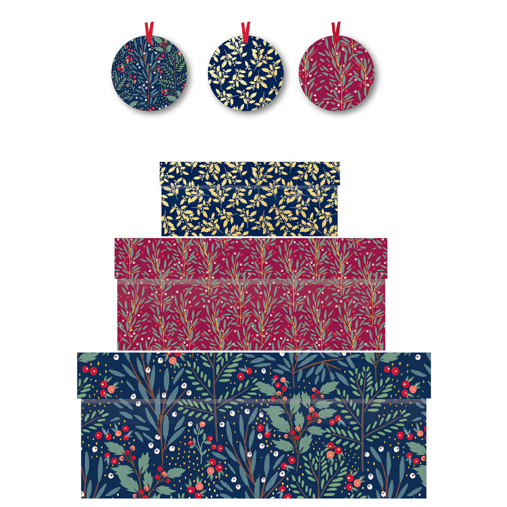 Penney Kennedy Designs Ditsy Foliage Christmas Nest of 3 Boxes Nest of 3 Gift Boxes with gift tags