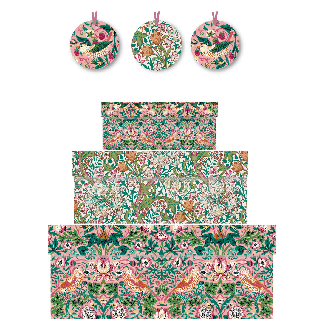 Morris and Co William Morris Strawberry Thief Blush Nest of 3 Boxes Size: small 165 x 50 x 110mm Medium: 230 x 90 x 165mm Large: 310 x 130 x 225mm