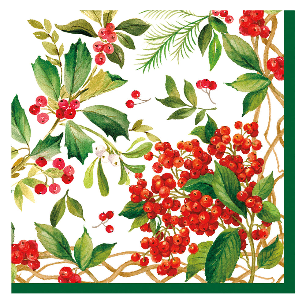 Holly Chintz Christmas by Pamela Gladding White Caspari Paper Table Napkins 25 cm square 3 ply cocktail napkins