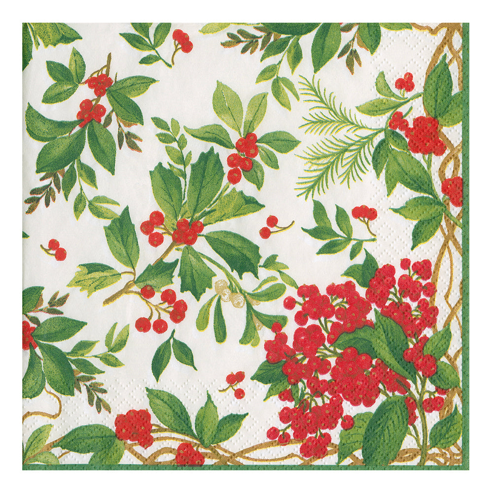 Holly Chintz Christmas by Pamela Gladding White Caspari Paper Table Napkins 40 cm square 3 ply dinner napkins