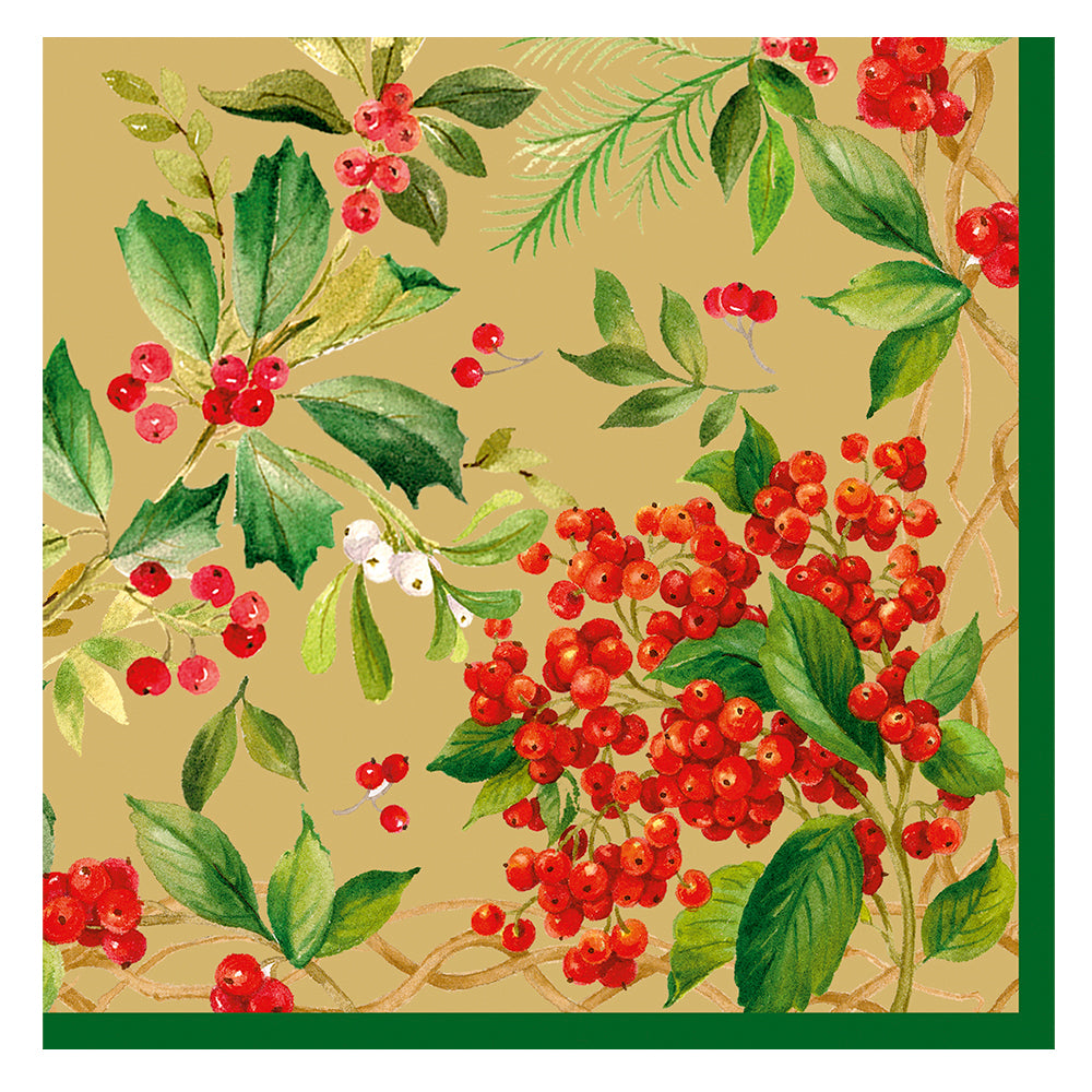Holly Chintz Christmas by Pamela Gladding Gold Caspari Paper Table Napkins 25 cm square 3 ply cocktail napkins
