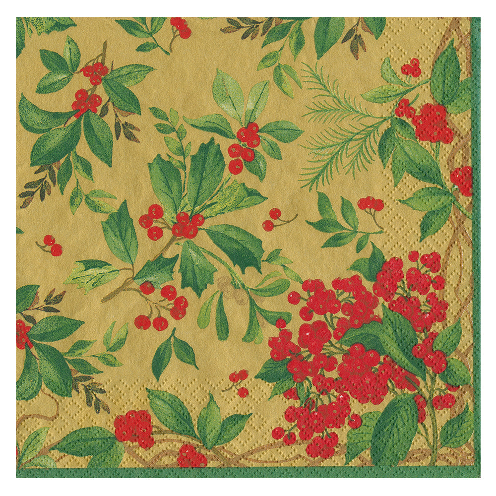 Holly Chintz by Pamela Gladding Christmas Gold Caspari Paper Table Napkins 40 cm square 3 ply dinner napkins