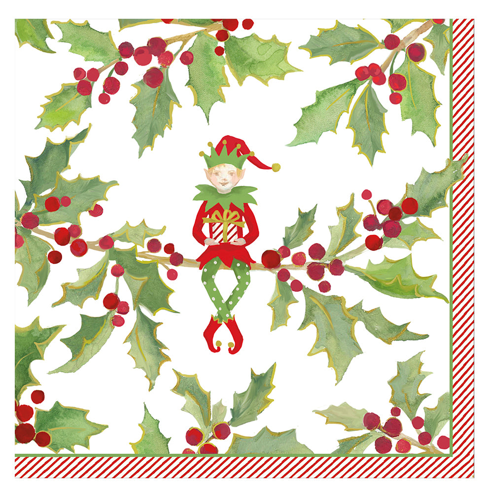 Jingle Elves Christmas Caspari Paper Table Napkins 25 cm square 3 ply cocktail napkins