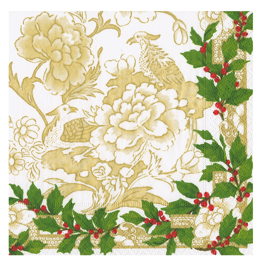 Holly Ceramic ivory/gold Christmas Caspari Paper Table Napkins 25 cm square 3 ply cocktail napkins