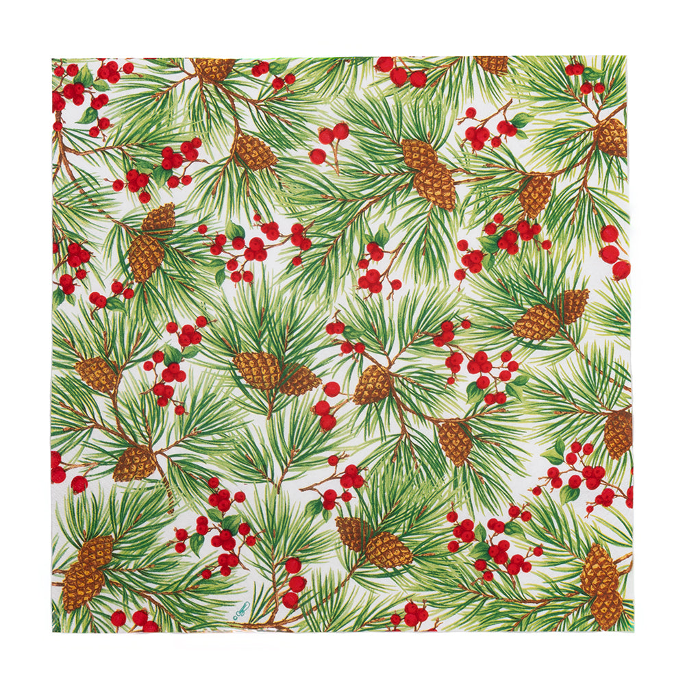Evergreen and Berries White Christmas Caspari Paper Table Lunch Napkins 33 cm square 3 ply