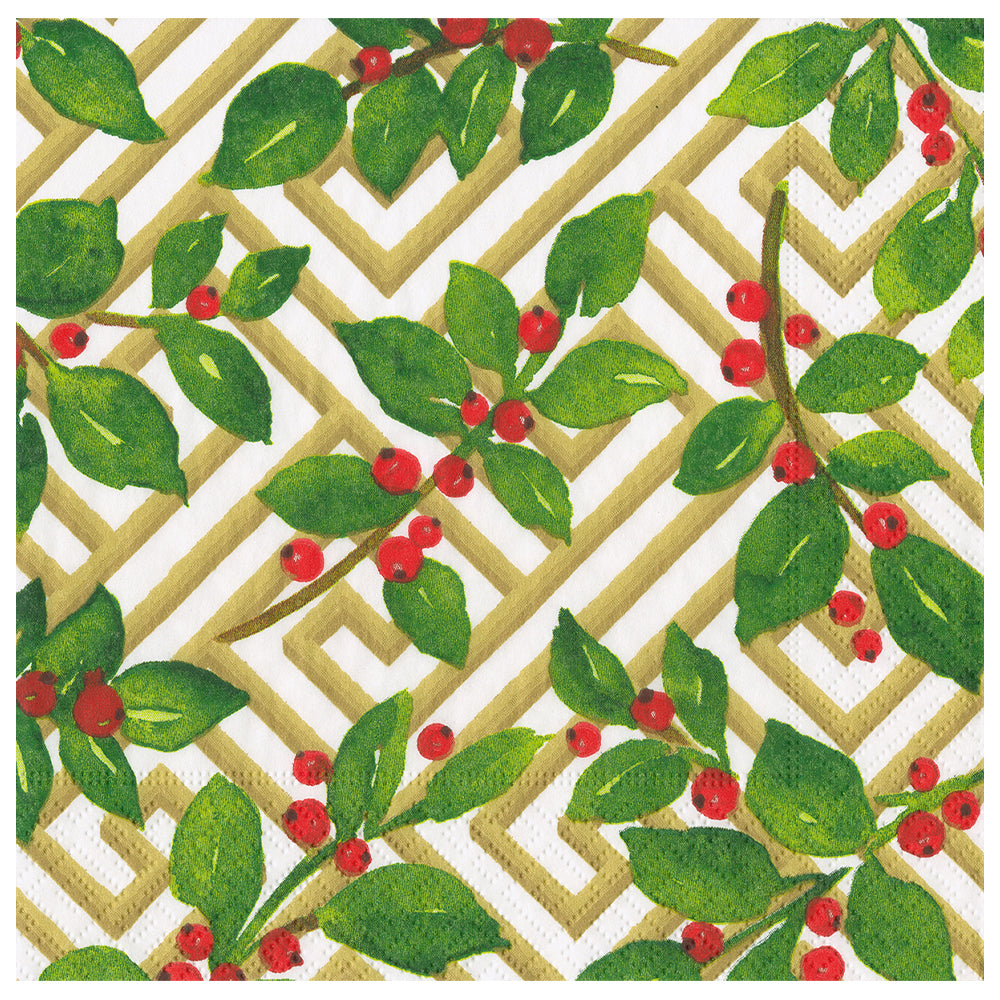 Holly and Fretwork Christmas Caspari Paper Table Lunch Napkins 33 cm square 3 ply