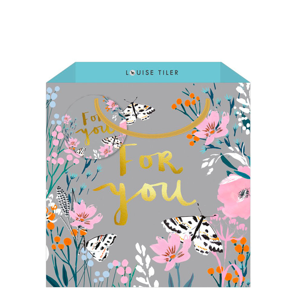 Louise Tiler Grey Floral Medium Luxury Paper Gift Bag with tag 220 x 220 x 80 mm