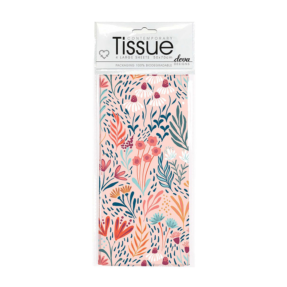 Boho Coral Floral Deva Tissue Paper 4 Sheets of Deva Tissue Wrapping Paper 70 x 50 cm