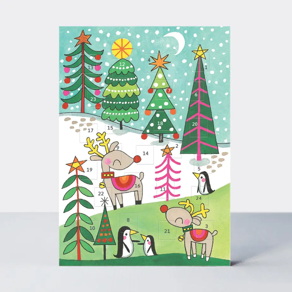 Christmas Tree/Reindeer/Penguins Rachel Ellen Advent Card 178 x 126 mm + env