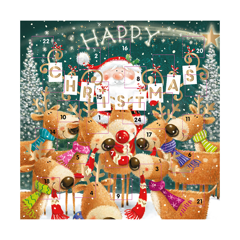 Santa and Reindeer Happy Christmas Cartoon Ling Advent Calendar 230 x 230 mm with white envelope
