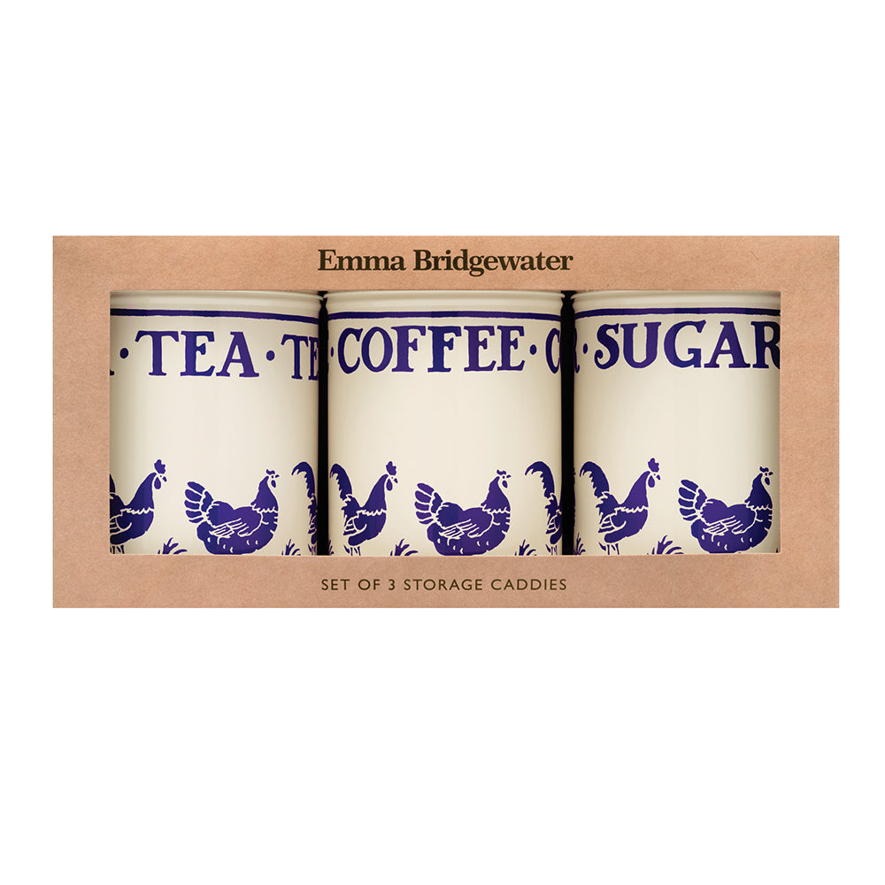 Emma Bridgewater - Blue Hens Set of 3 round tin caddies 106 (d) x 150mm