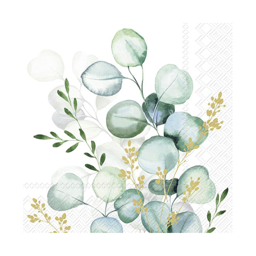 Eucalyptus Bouquet Gold Cocktail IHR Paper Table Napkins 25 cm or 10 inches square 3 ply