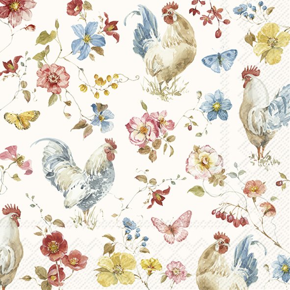 Country Rooster Cream IHR Paper Cocktail Napkins 25 cm square 3 ply 20 pack