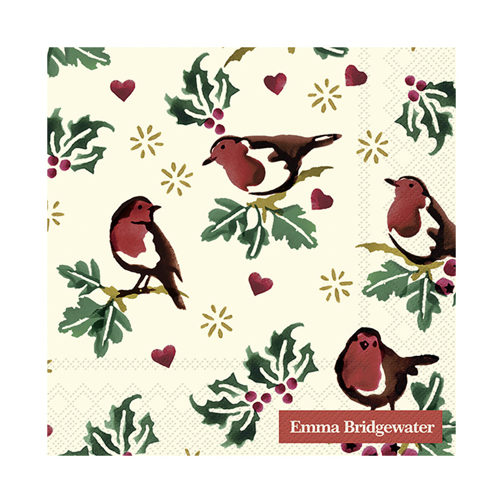 Emma Bridgewater Little Robin Cream Christmas Cocktail IHR Paper Table Napkins 25 cm or 10 inches square 3 ply