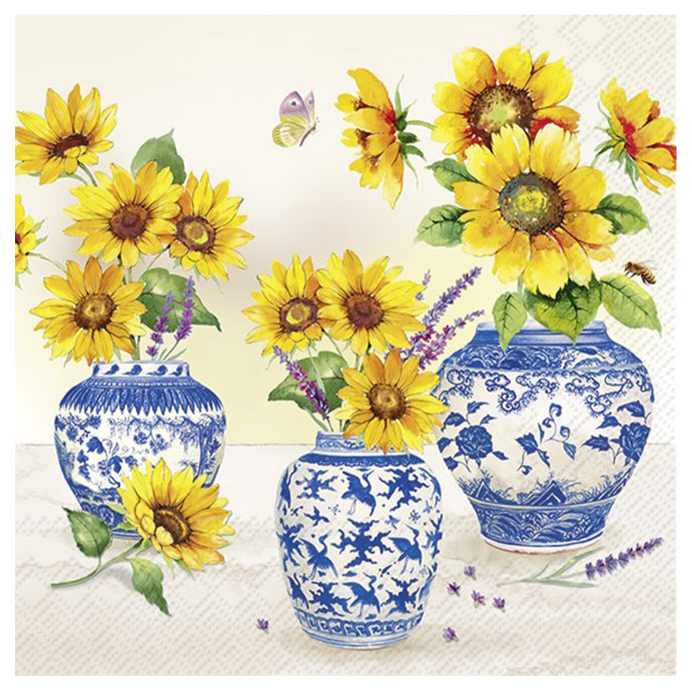 Solina Sunflowers Blue Vase cream IHR Paper Table Lunch Napkins 33 cm square 3 ply