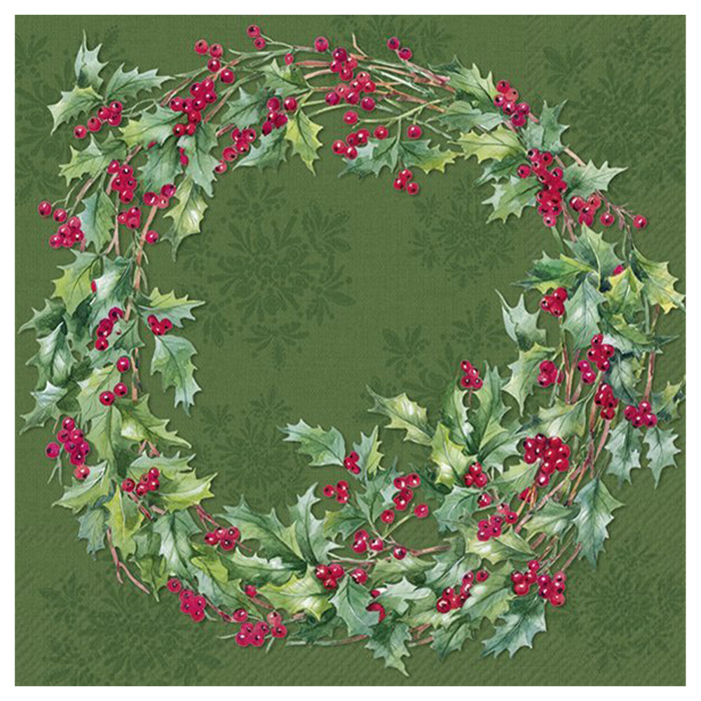 Ilex Wreath Green Holly Christmas IHR Paper Table Lunch Napkins 33 cm square 3 ply