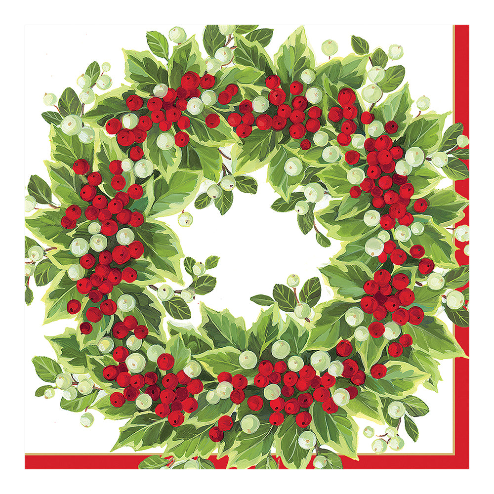 Holly and Berry Wreath Merry Christmas Caspari Paper Dinner Napkins 40 cm square 3 ply 20 pack