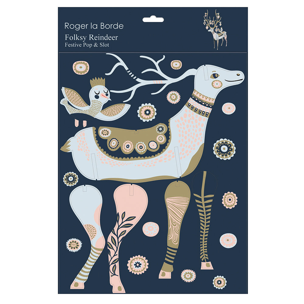 Folksy Reindeer Blue Pop and Slot Roger la Borde 3D Christmas Decoration