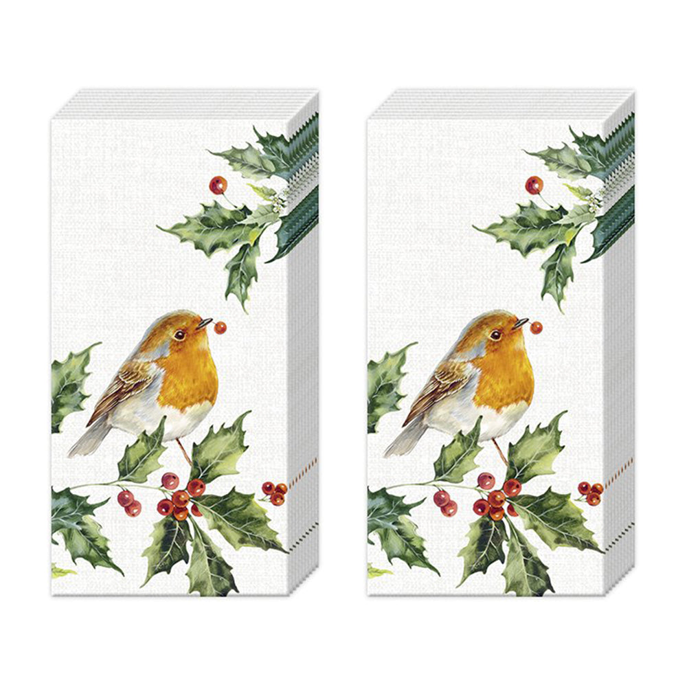 Lexi and Robin Cream Holly Christmas IHR Paper Pocket Tissues - 2 packs of 10 tissues 21 cm square