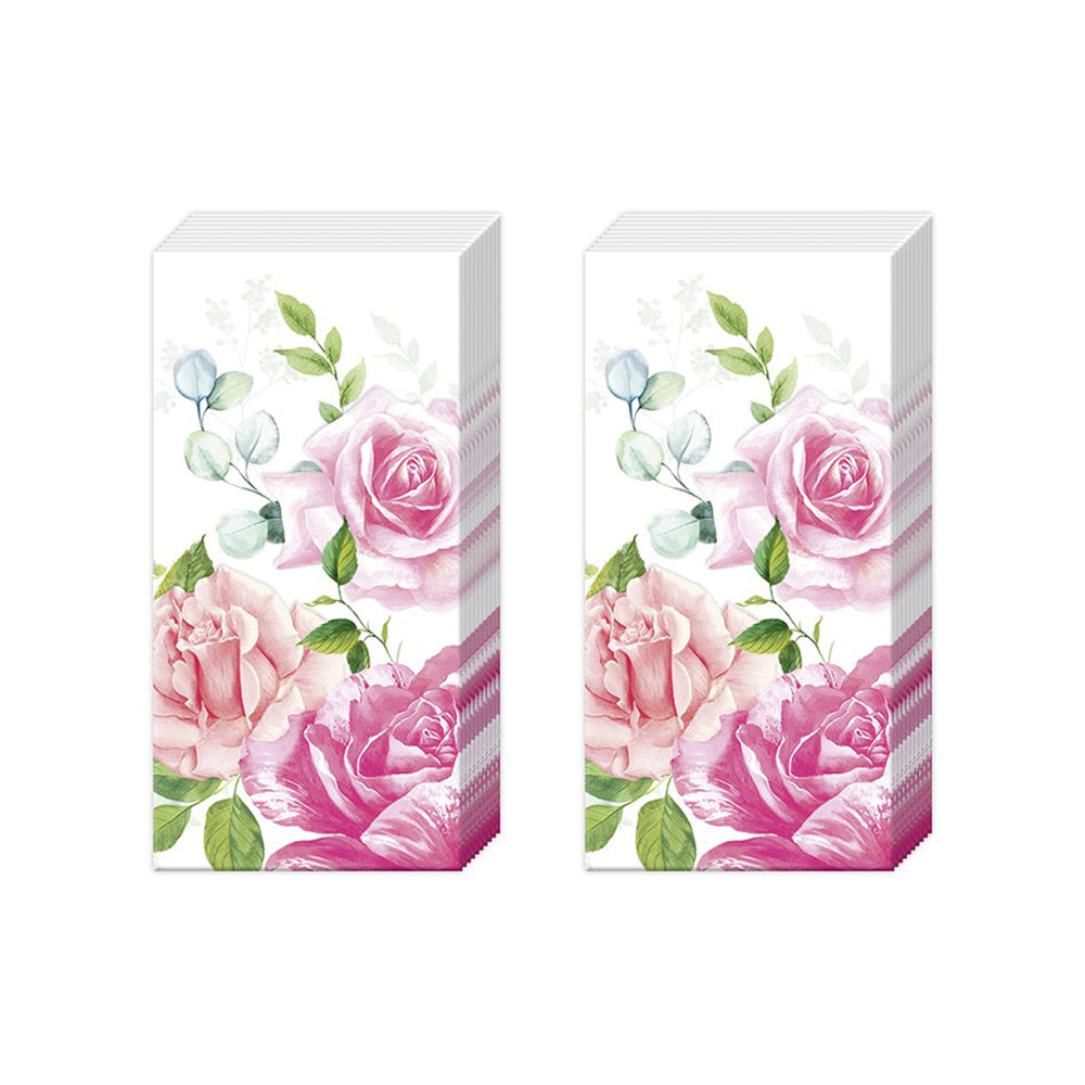 Beverley White Pink Roses HR Paper Pocket Tissues - 2 packs of 10 tissues 21 cm square