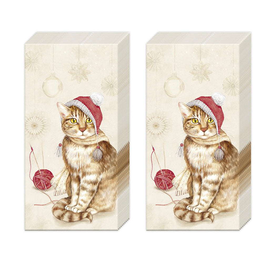 Jill Cream Christmas Cat IHR Paper Pocket Tissues - 2 packs of 10 tissues 21 cm square