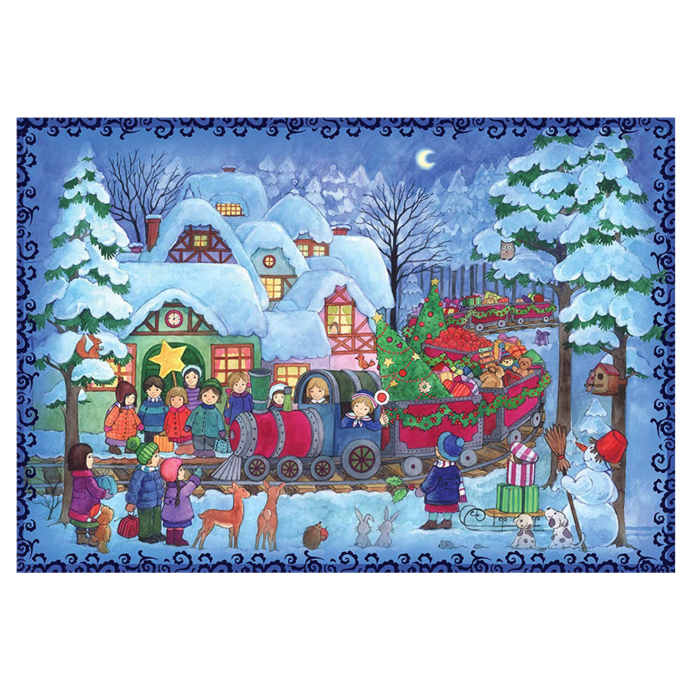 Snowscene Blue Children with Train Richard Sellmer Advent Calendar 297 x 210 mm Glitter and Translucent Windows