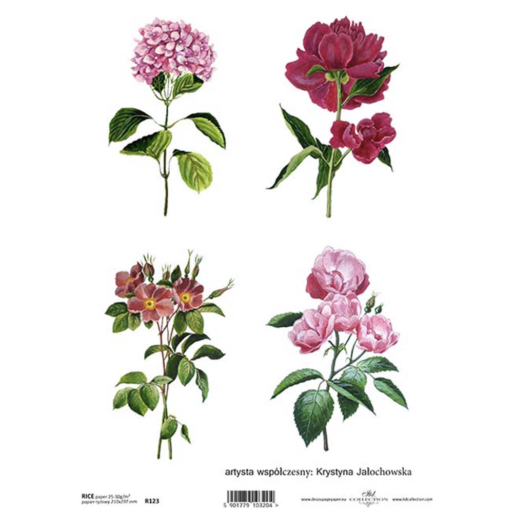 4 Pink Flowers A4 ITD Rice Paper for Decoupage