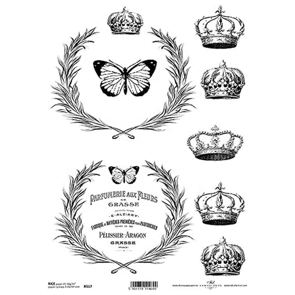 Butterflies, Crowns, Drawn Frames Rice Paper A4 ITD Rice Paper for Decoupage