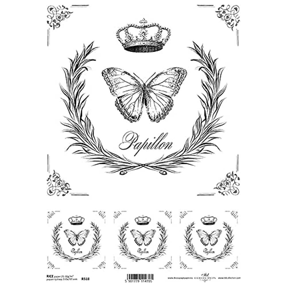 Drawn Frames with Butterflies and Crowns Rice Paper A4 ITD Rice Paper for Decoupage