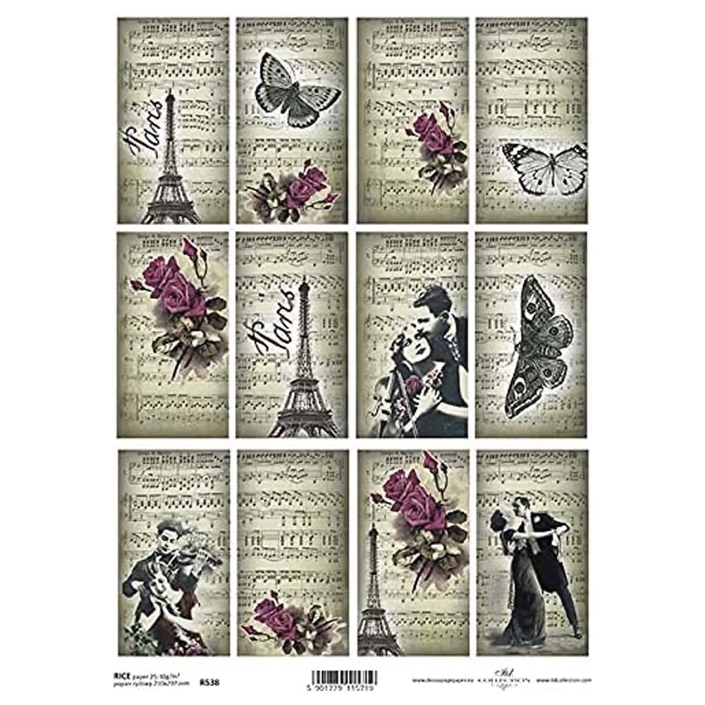 Set of 12 Scenes - Romance, Paris, Butterflies Rice Paper A4 ITD Rice Paper for Decoupage