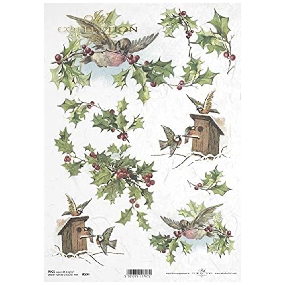 Hollies with Robins and Bird Boxes Rice Paper A4 ITD Rice Paper for Decoupage