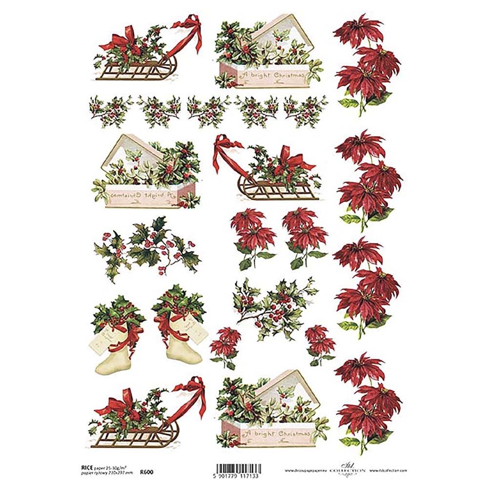 Christmas Poinsettia Rice Paper A4 ITD Rice Paper for Decoupage