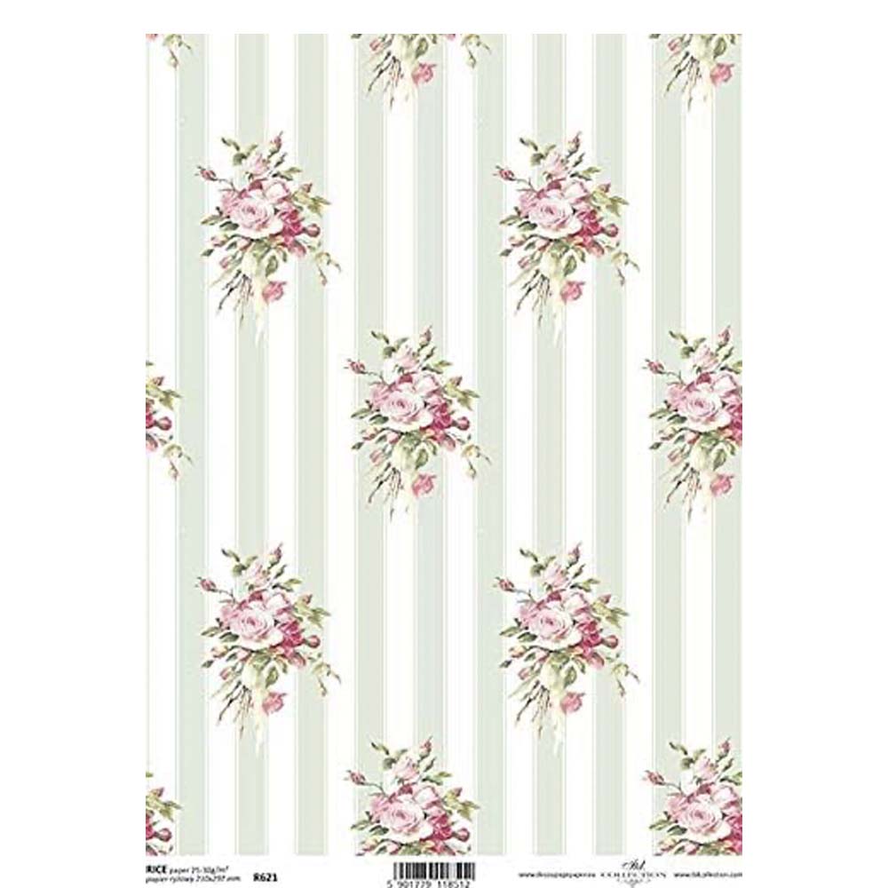 Green Stripe Pink Floral Rice Paper A4 ITD Rice Paper for Decoupage
