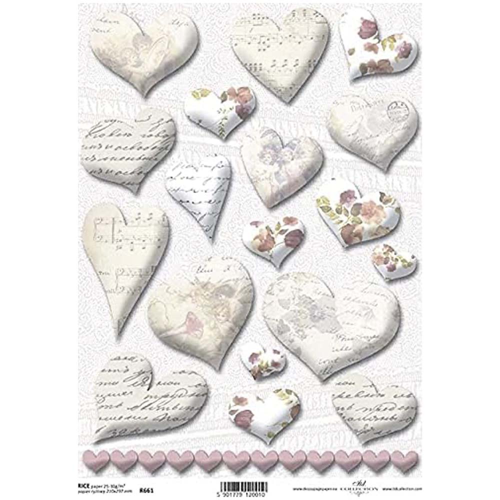 White Hearts with Floral, Written, Music and Image Inscriptions Rice Paper A4 ITD Rice Paper for Decoupage