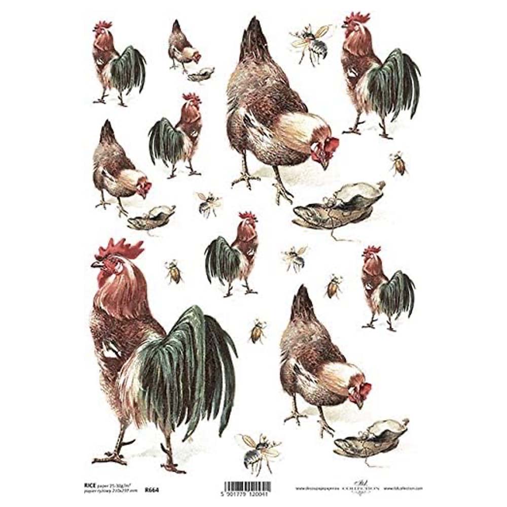 Chickens Hens Roosters Rice Paper A4 ITD Rice Paper for Decoupage