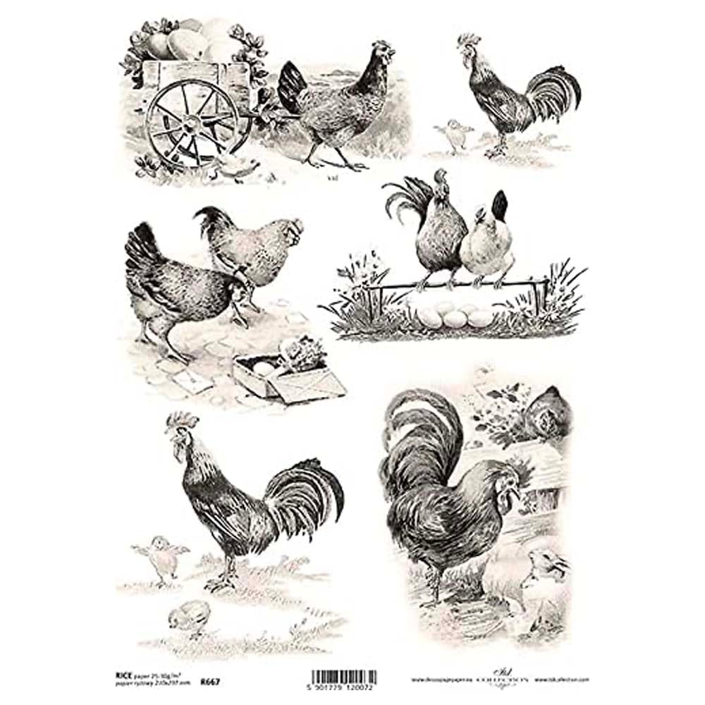 Monochrome Chicken Scenes Rice Paper A4 ITD Rice Paper for Decoupage