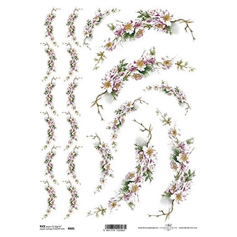 Pink Sprays Flowers Rice Paper A4 ITD Rice Paper for Decoupage