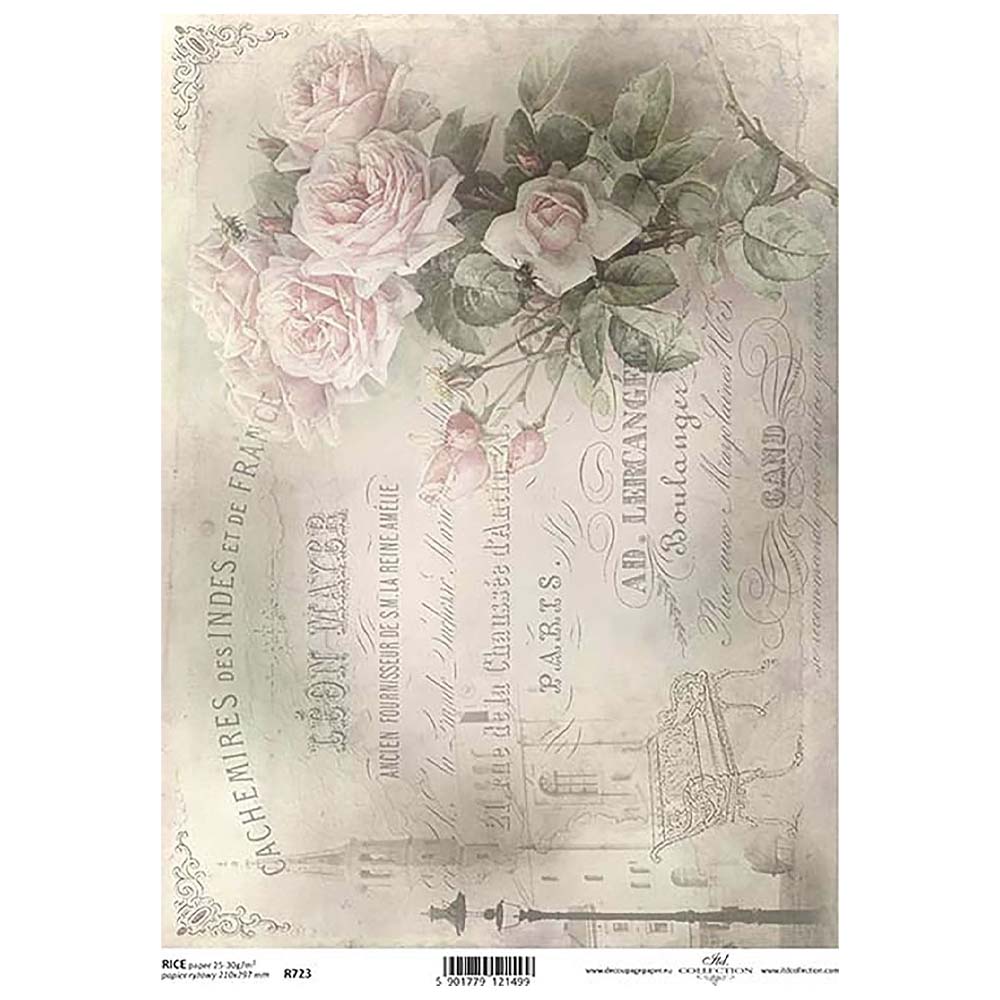 Pale Roses Writing Rice Paper A4 ITD Rice Paper for Decoupage