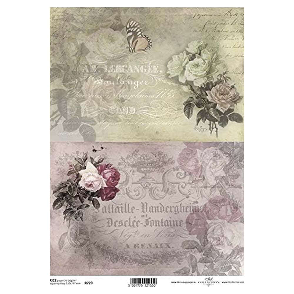 Yellow and Pink Flowers with Inscriptions Rice Paper A4 ITD Rice Paper for Decoupage