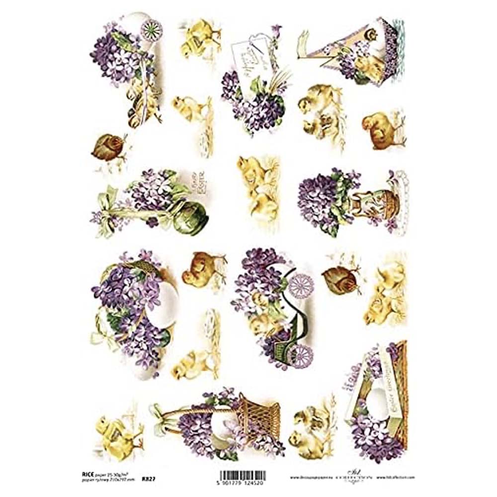 Chicken and Purple Flower Motifs Rice Paper A4 ITD Rice Paper for Decoupage