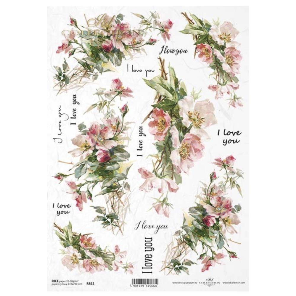 Pink Flowers with I Love You Text Rice Paper A4 ITD Rice Paper for Decoupage