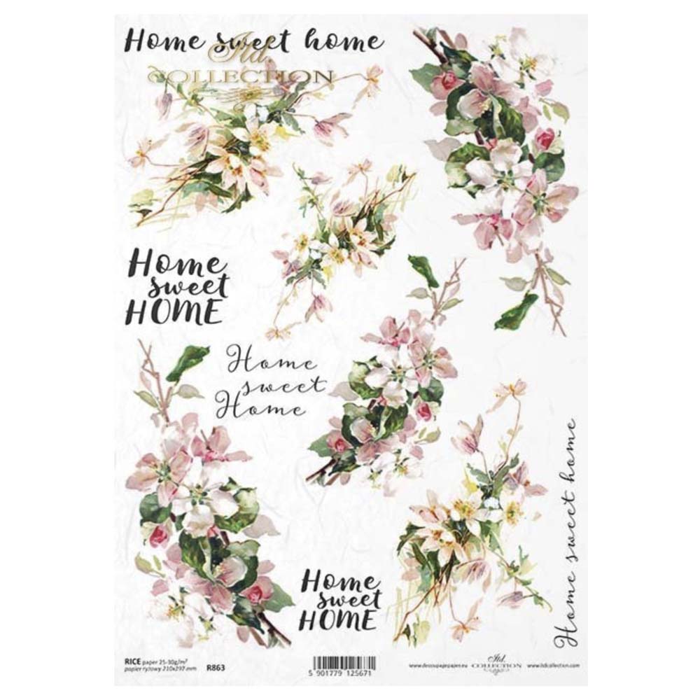 Pink Flowers with Home Sweet Home Text Rice Paper A4 ITD Rice Paper for Decoupage