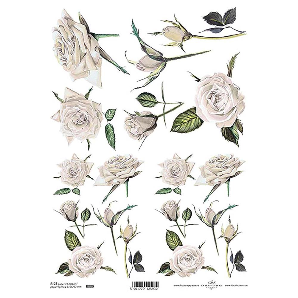 White Roses Rice Paper A4 ITD Rice Paper for Decoupage