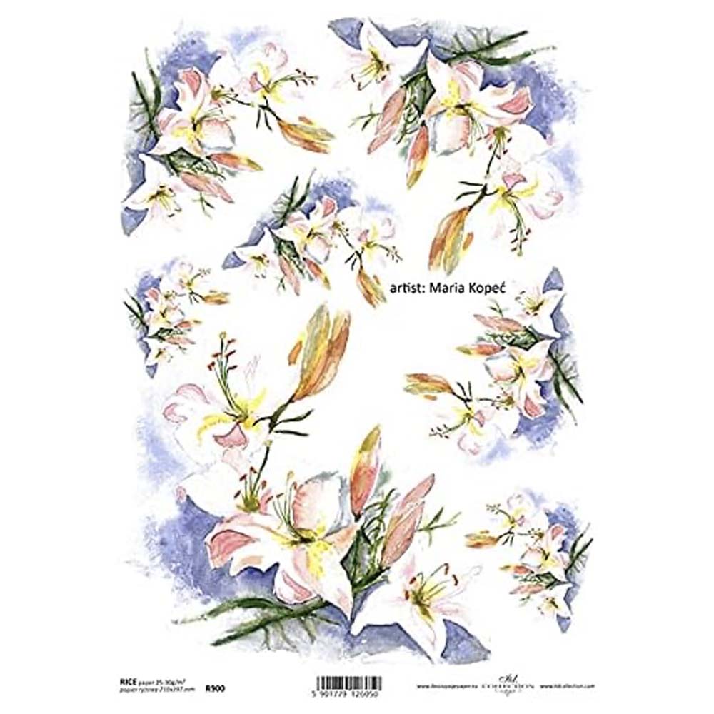 White/Light Pink Lilies Rice Paper A4 ITD Rice Paper for Decoupage