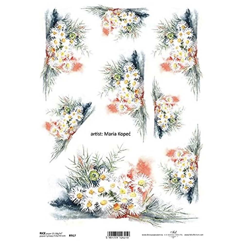 White/Yellow Flowers in Bunches Rice Paper A4 ITD Rice Paper for Decoupage