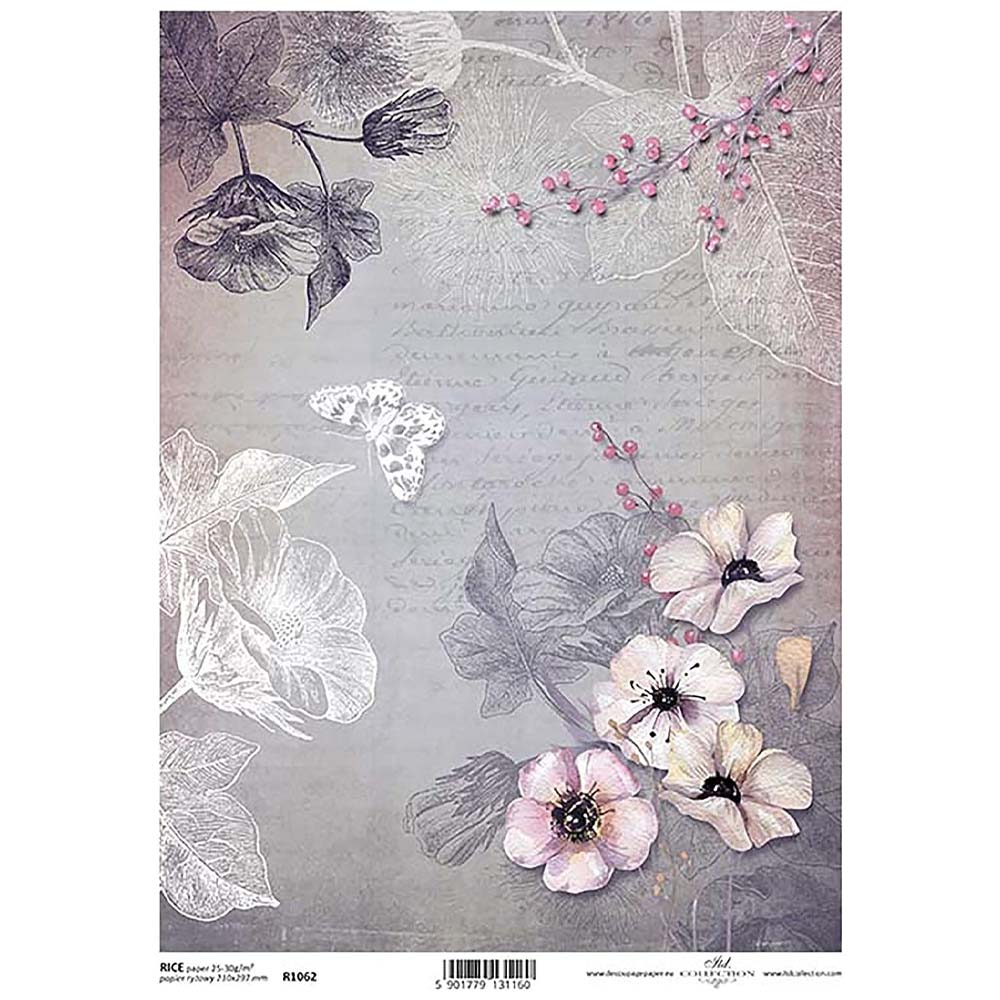 Pink Floral Butterfly Rice Paper A4 ITD Rice Paper for Decoupage