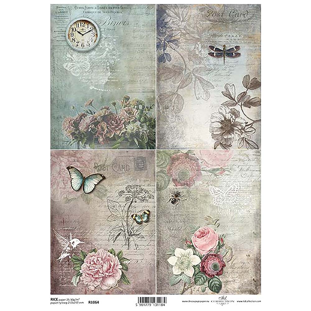 4 Pink Florals Butterflies Rice Paper A4 ITD Rice Paper for Decoupage