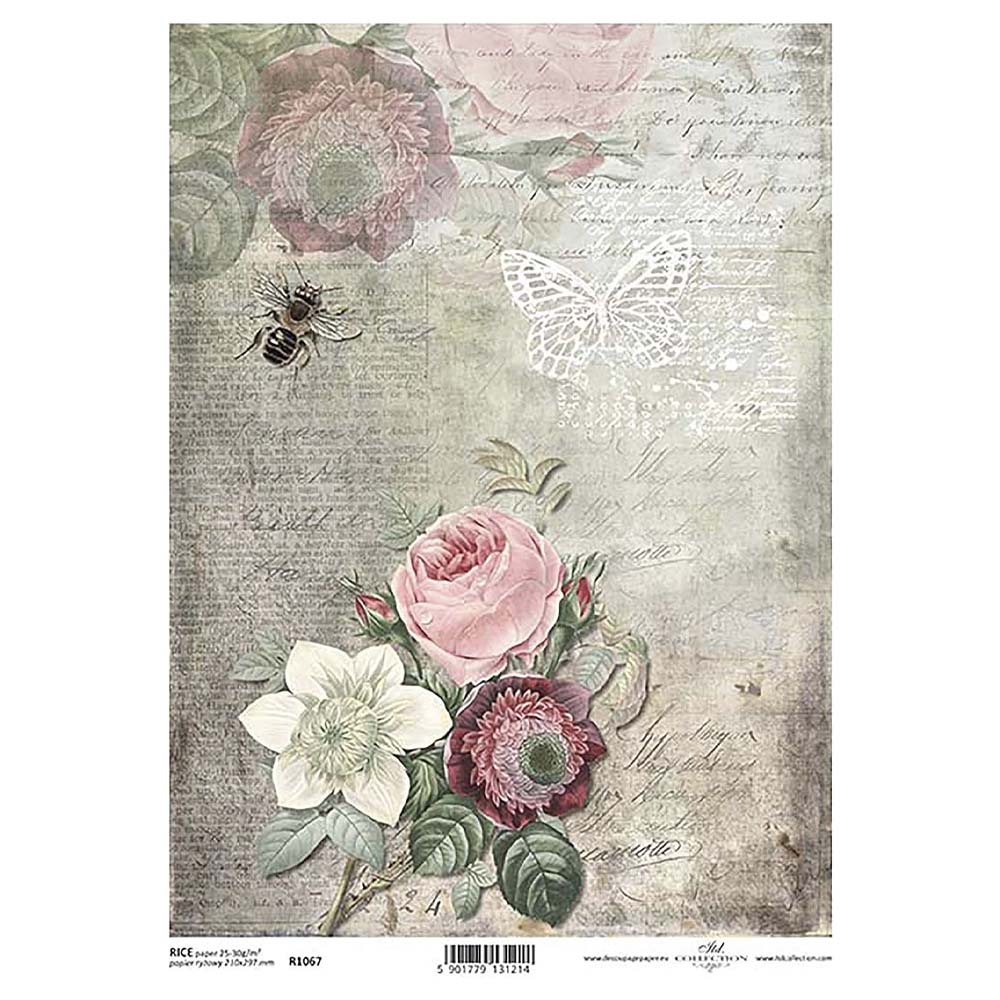 Pink Old Fashioned Floral Rice Paper A4 ITD Rice Paper for Decoupage