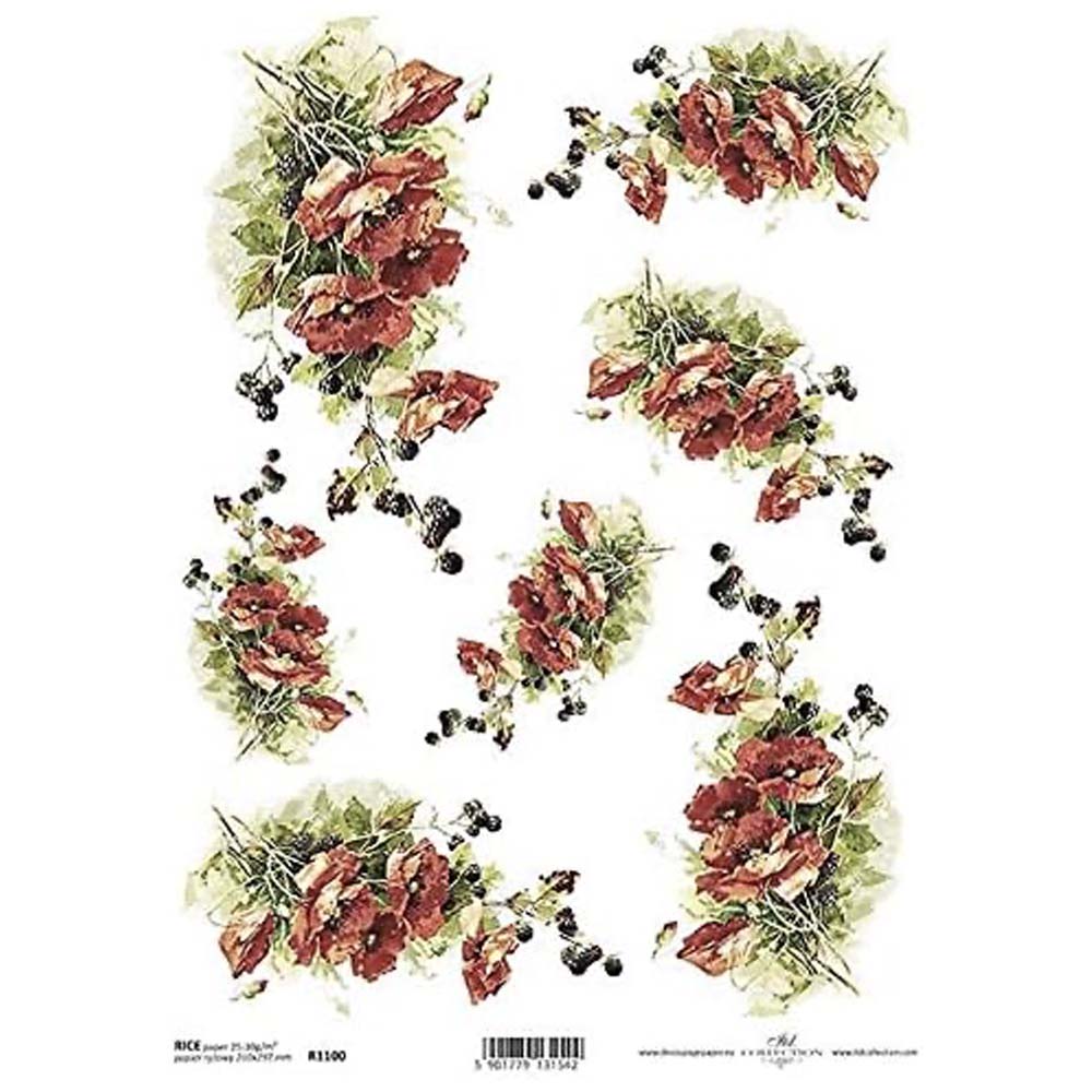 Red Poppies Floral Rice Paper A4 ITD Rice Paper for Decoupage